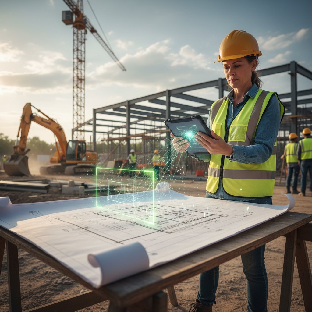 Construction manager scanning blueprints with a tablet at a busy build site, showing document imaging in unexpected industries
