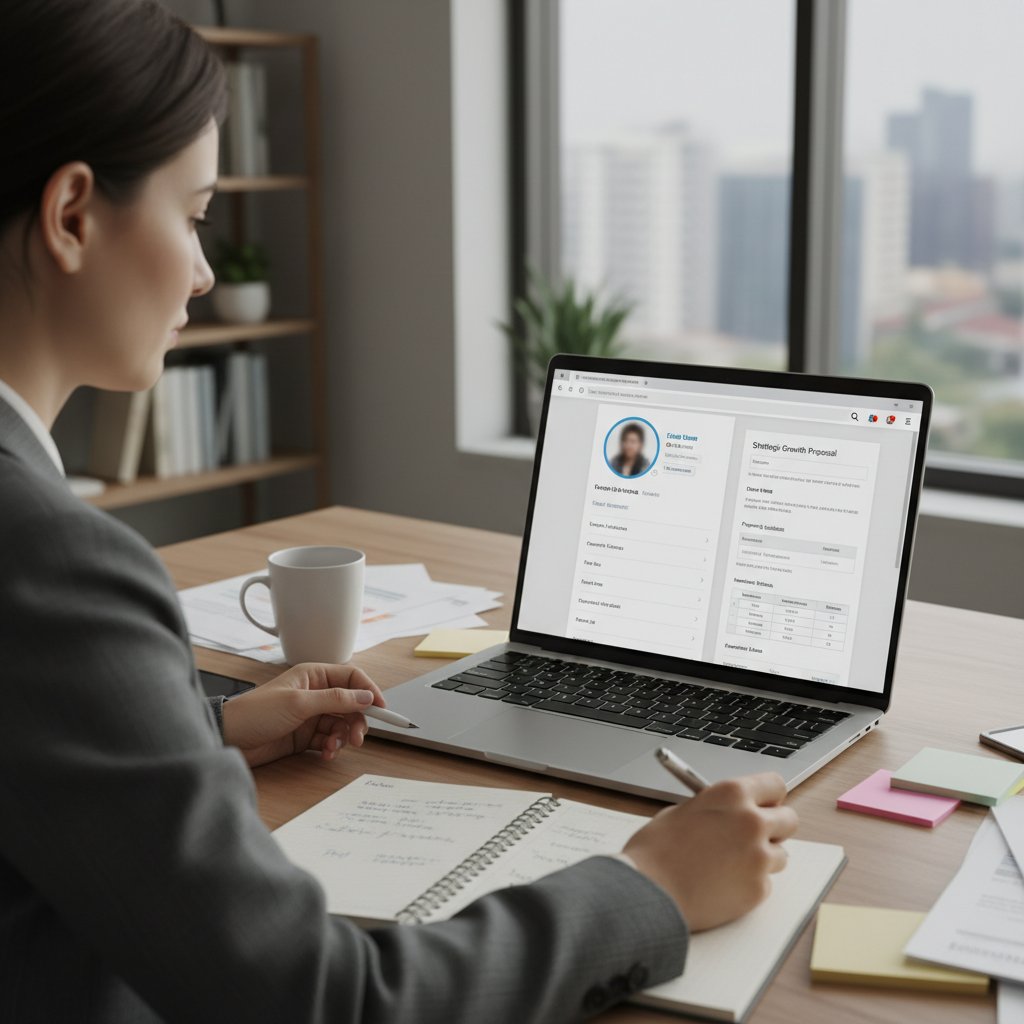 Consultant analyzing client LinkedIn posts to customize a proposal document on laptop