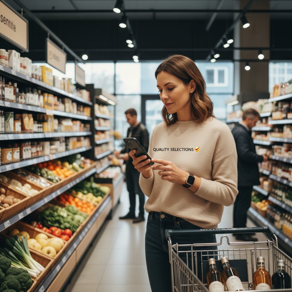 Konsument z listą zakupów, wybierający produkty wysokiej jakości, spokojna ekspresja, nowoczesny sklep