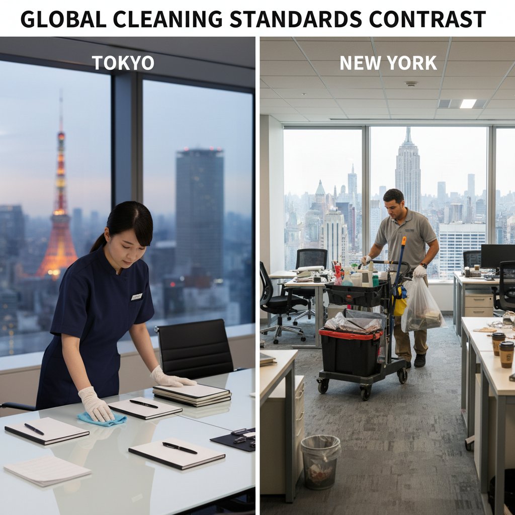 Contrasting office cleaning standards in Tokyo and New York, illustrating cultural differences in cleanliness expectations