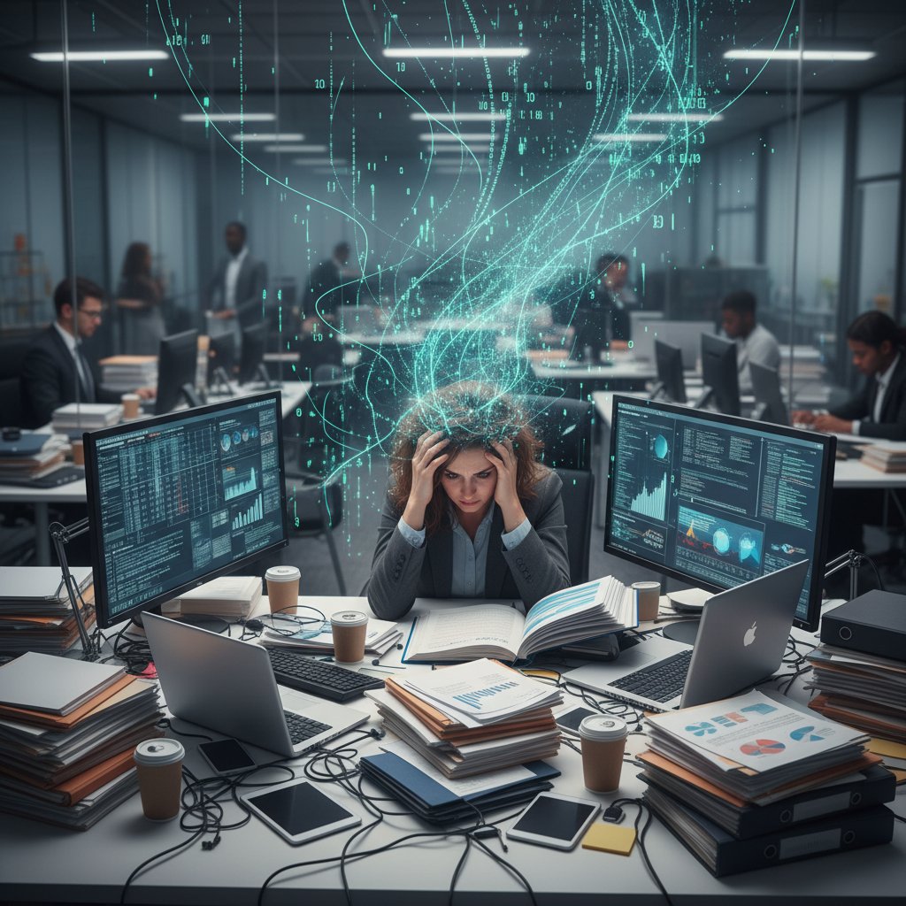 A modern office buried in reports and digital files, symbolizing information overload in corporate analysis