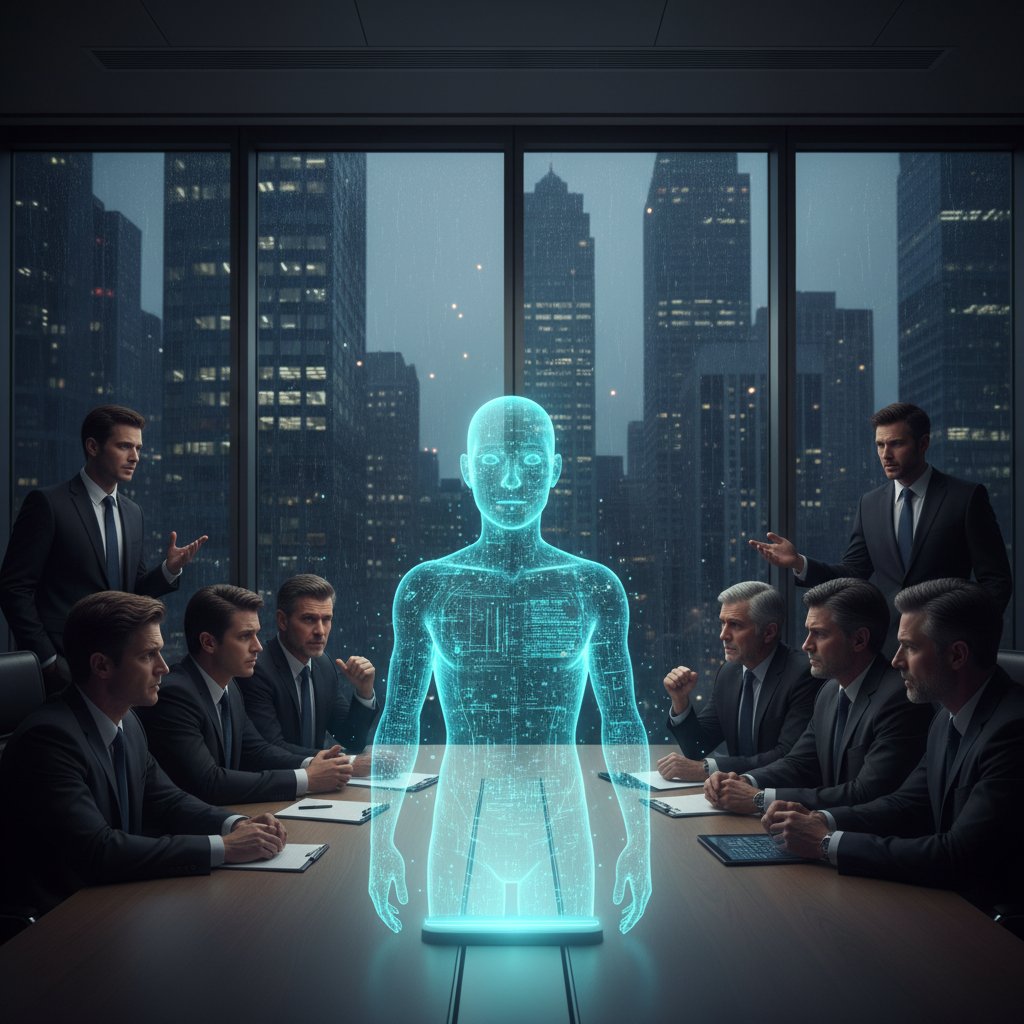 Corporate boardroom with executives and glowing AI chatbot hologram, symbolizing rapid growth and tension in the AI chatbot industry, urban skyline at dusk, professional atmosphere