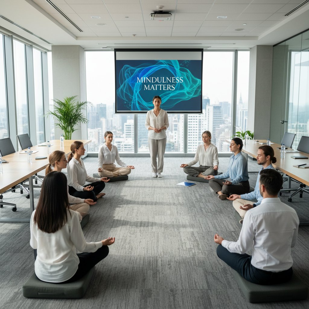 Pracownicy korporacji uczestniczą w warsztatach mindfulness w sali konferencyjnej