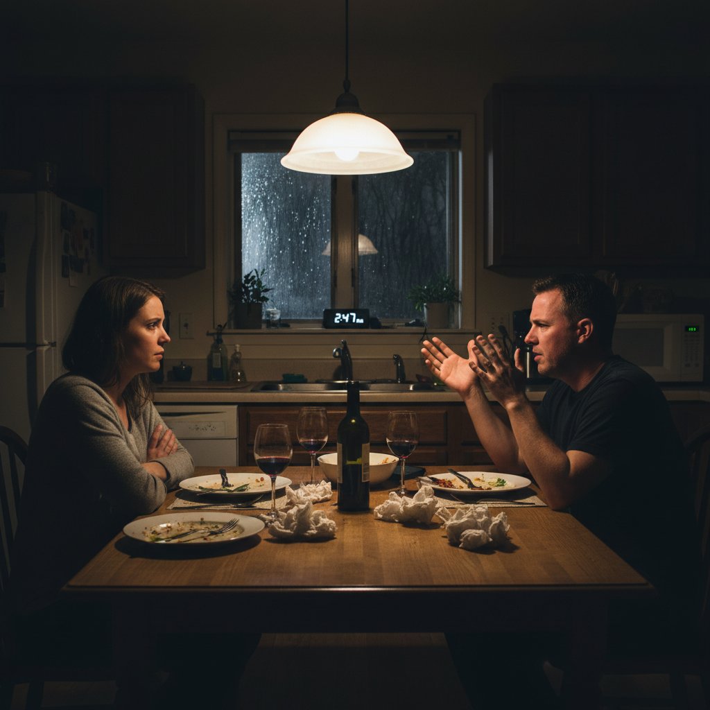 Couple in tense late-night conversation, facing emotional exhaustion and relationship problem-solving