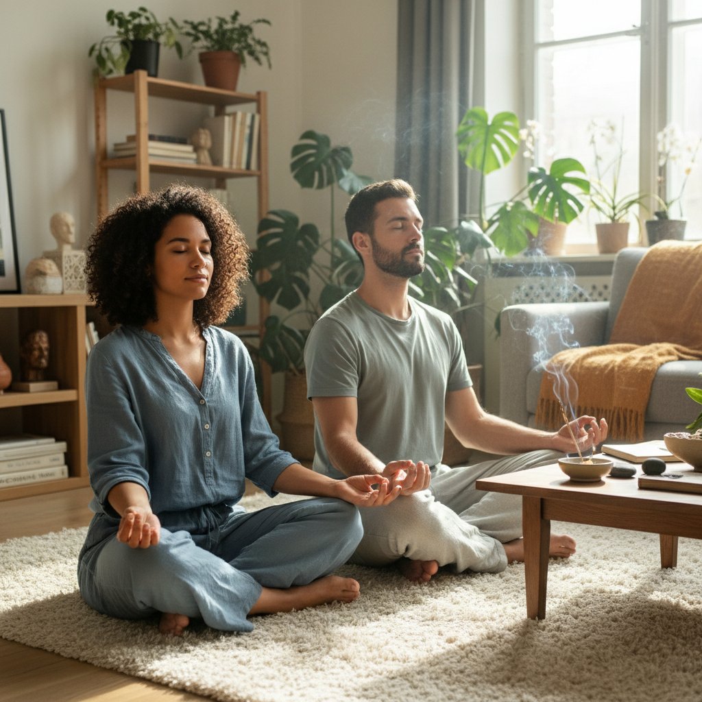 Para praktykująca mindfulness w domu – siedząca razem na podłodze, zamknięte oczy, atmosfera skupienia