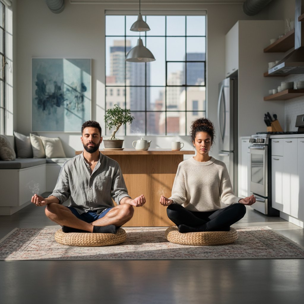 Couple practicing daily mindfulness together in a morning kitchen routine