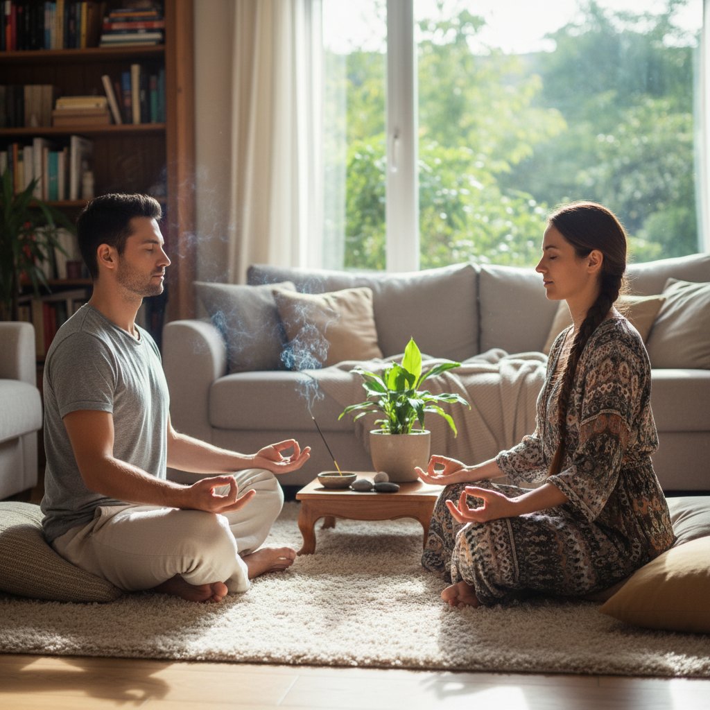 Para praktykuje mindfulness siedząc razem na macie w jasnym wnętrzu, relacje i obecność