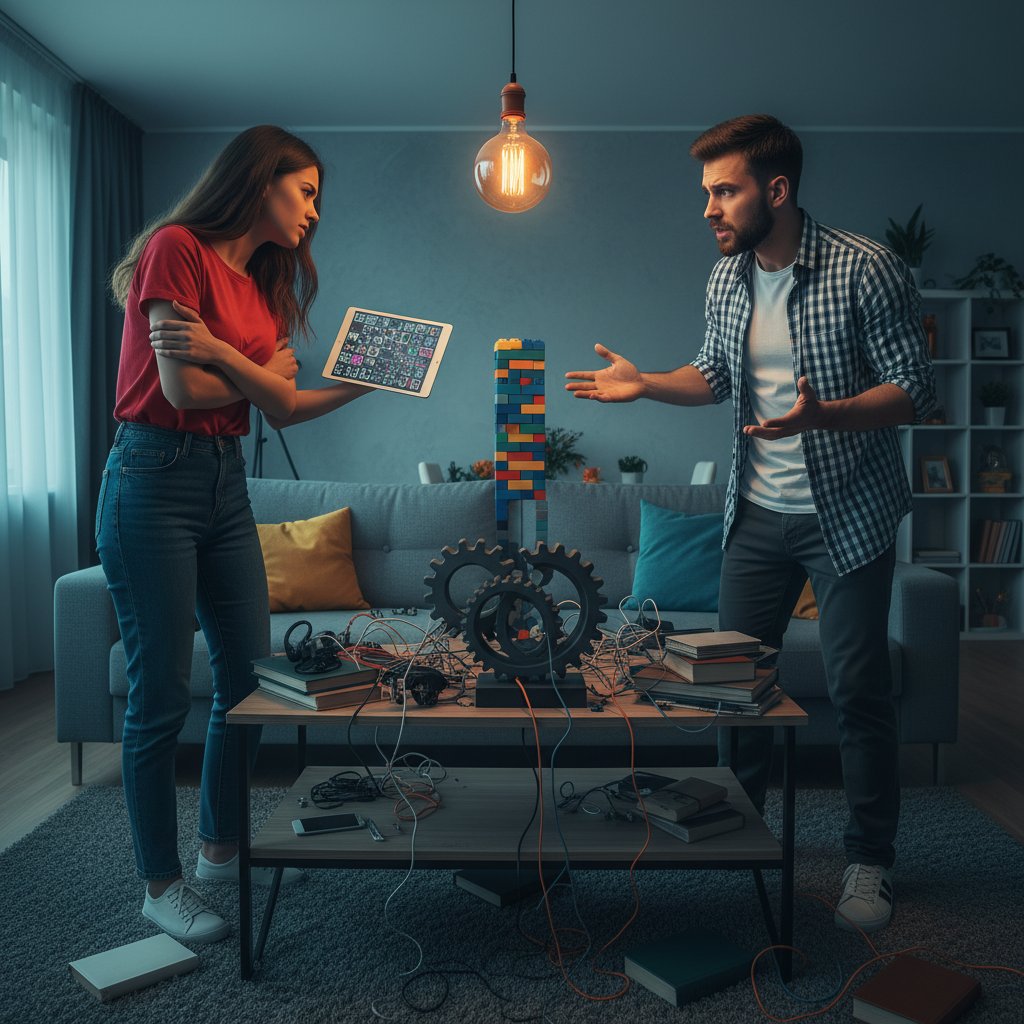A couple talking past each other, their words projected as overlapping text that never connects