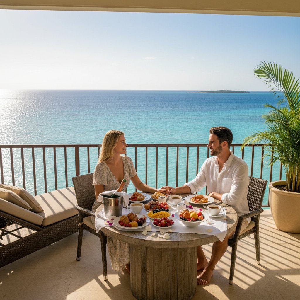Couple having breakfast with a view from their honeymoon hotel balcony, enjoying privacy and romance