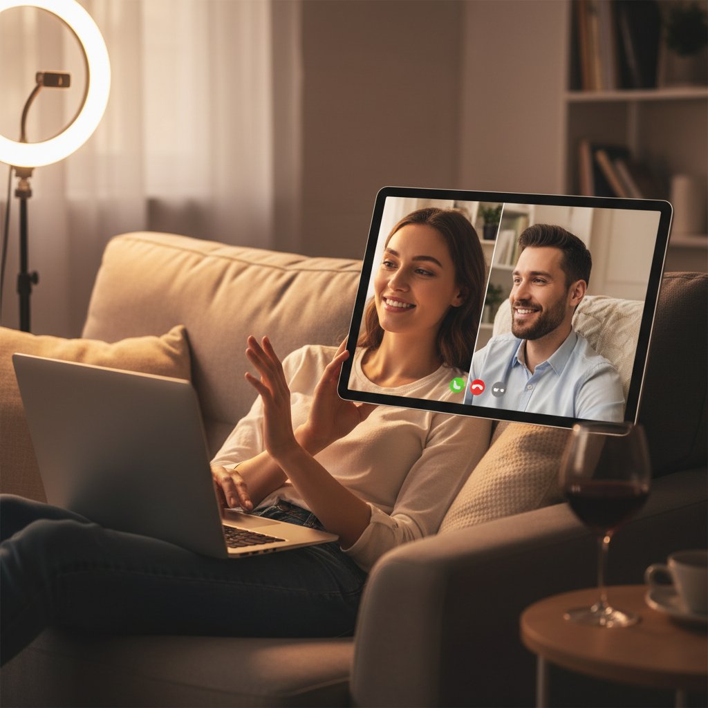 Para rozmawiająca przez internet w wieczornym, intymnym świetle