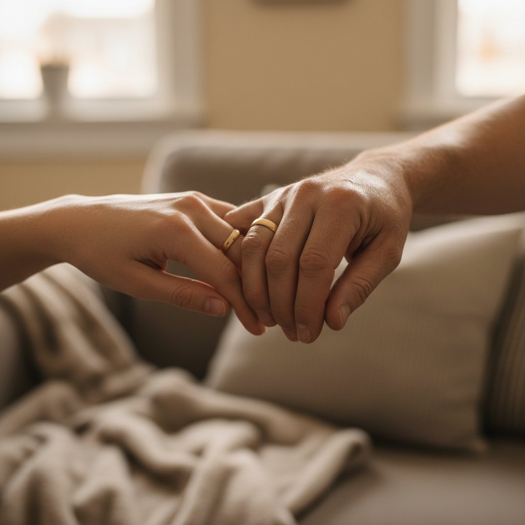 Couple touch hands in passing, demonstrating micro-moment of affection and romantic reconnection