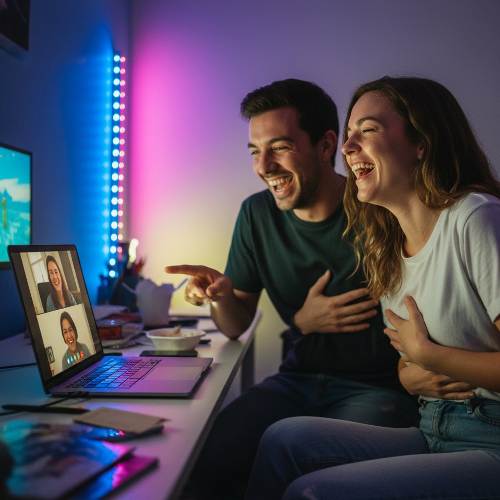 Para śmieje się podczas wideorozmowy, laptop, kolorowe światło, swobodna atmosfera