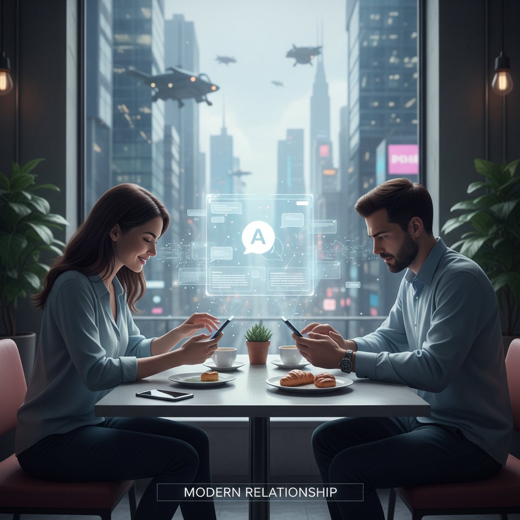 Couple sitting apart with phones, AI chatbot glowing between them, symbolizing modern love advice evolution