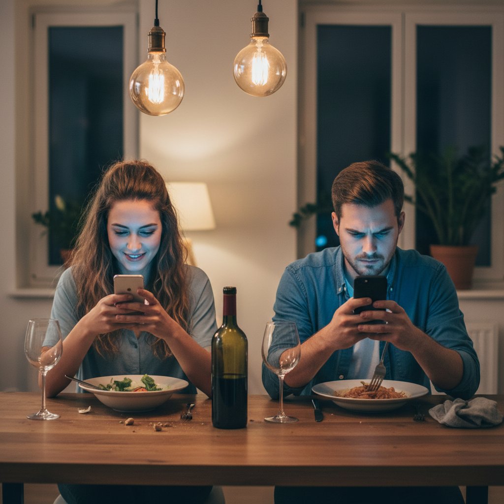 Couple sitting across from each other at dinner table, both looking at phones, food untouched, low light, emotional distance