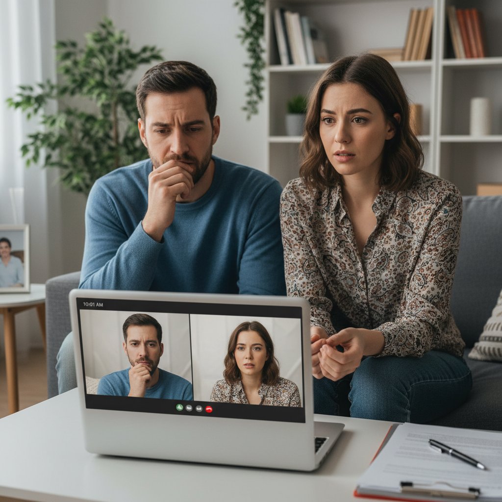 Realistic photo: couple on video call, nervous expressions, laptop between them—first online therapy session