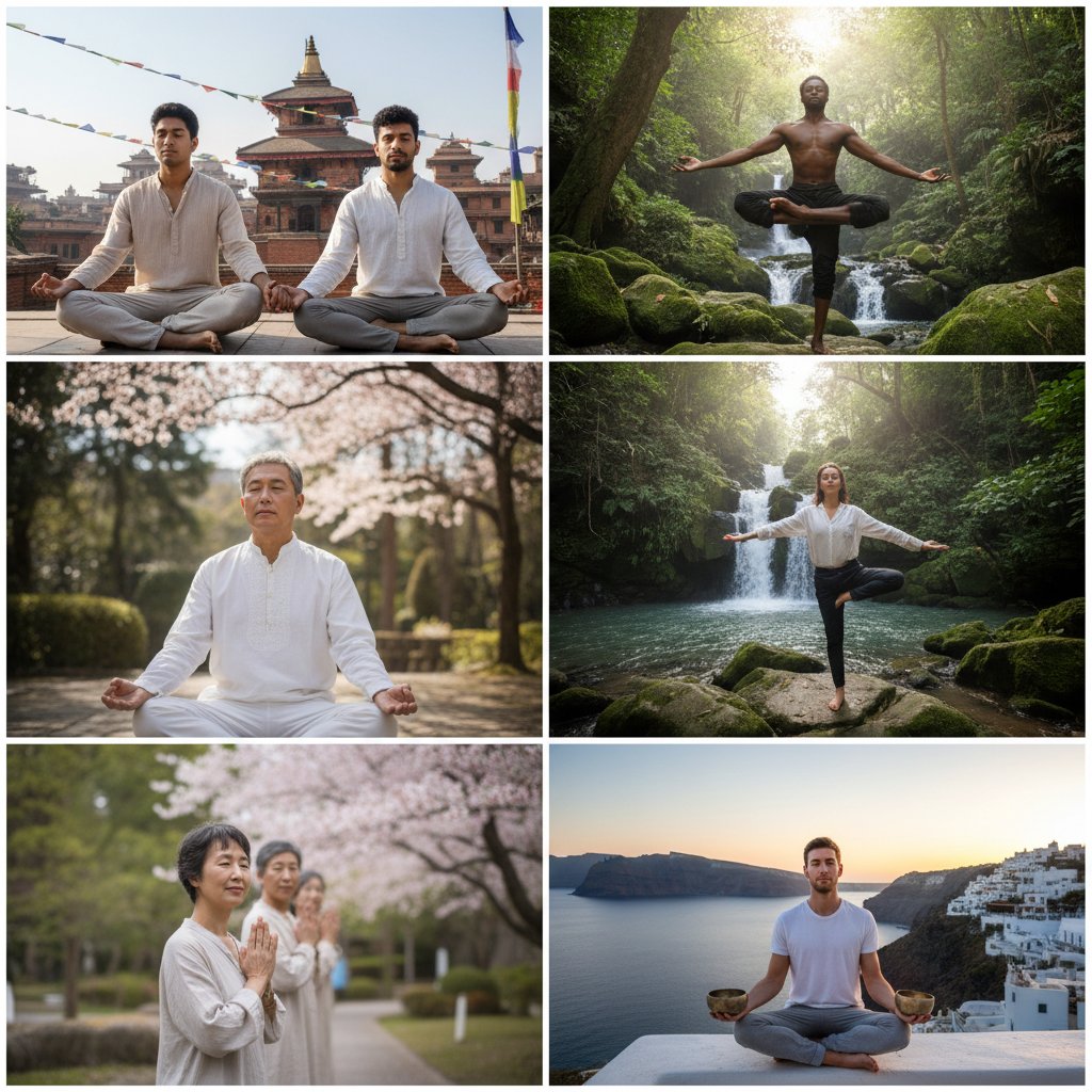 Couples practicing mindfulness around the world, collage of diverse settings and cultures