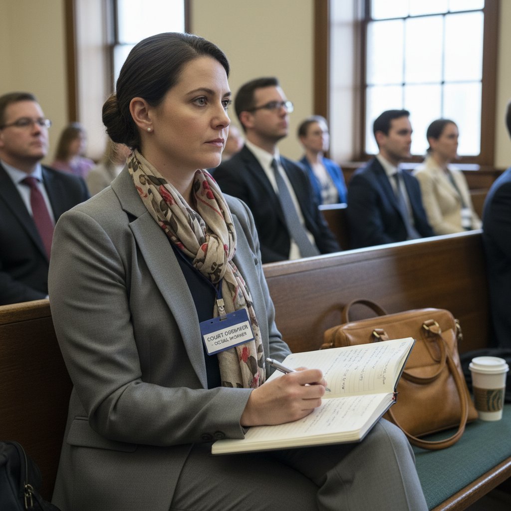 Obserwator społeczny na widowni sali sądowej, prowadzący notatki