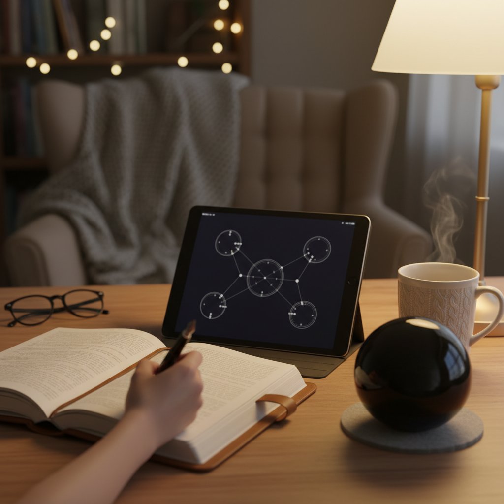 Cozy, low-light photo of a journal session with warm lighting and a tech device, symbolizing the start of a reflective journaling tool journey