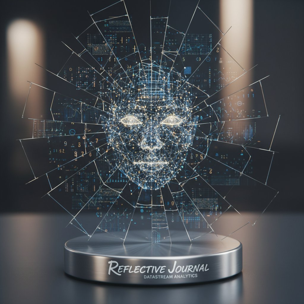 Symbolic photo of a cracked mirror reflecting both a human face and glowing data points, high-contrast, evocative of the new era of reflective journaling tool