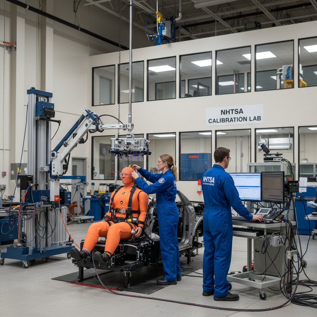 Technicians calibrating crash test equipment, industrial facility, tense anticipation, nhtsa 5 star safety lab