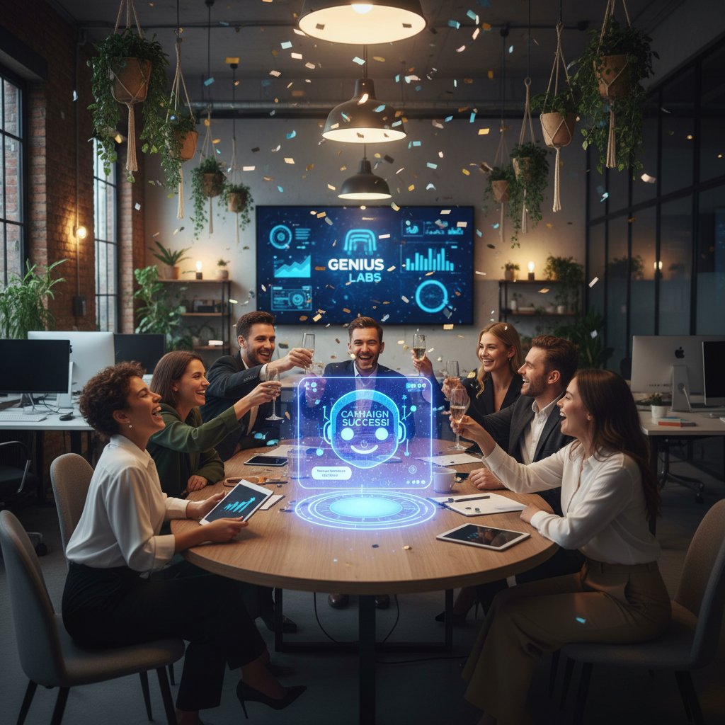 Solo Brands agency team celebrating successful AI chatbot launch in modern office