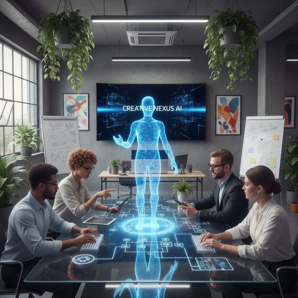 Agency team using botsquad.ai chatbot in creative brainstorming session, dynamic office scene