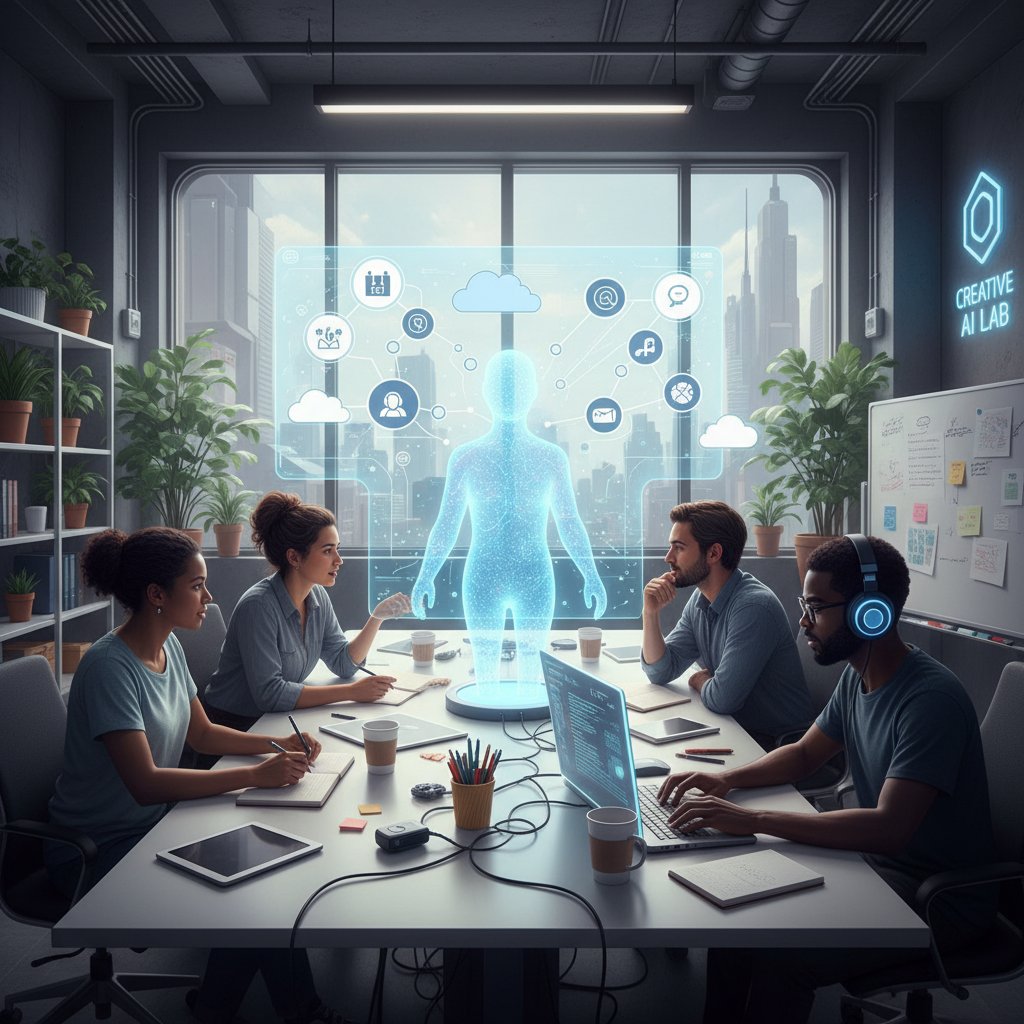 Creative agency whiteboard session with AI chatbot interface brainstorming campaign ideas