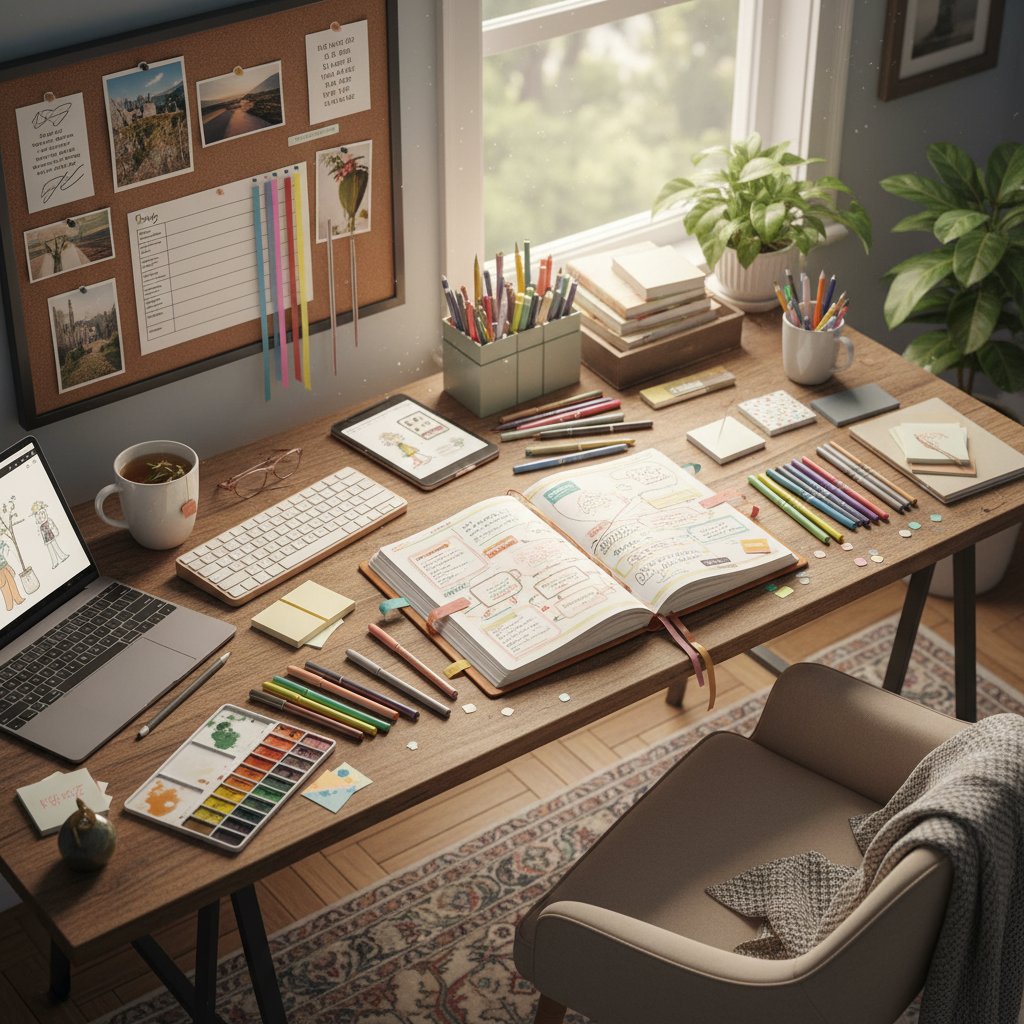Creative professional brainstorming with journal in modern workspace