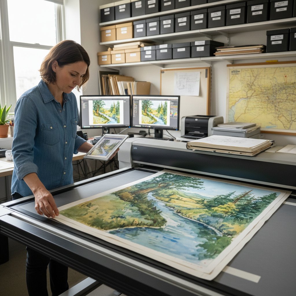 Photo of creative professionals using document scanning in art digitization and archiving, showing unconventional document scanning use cases