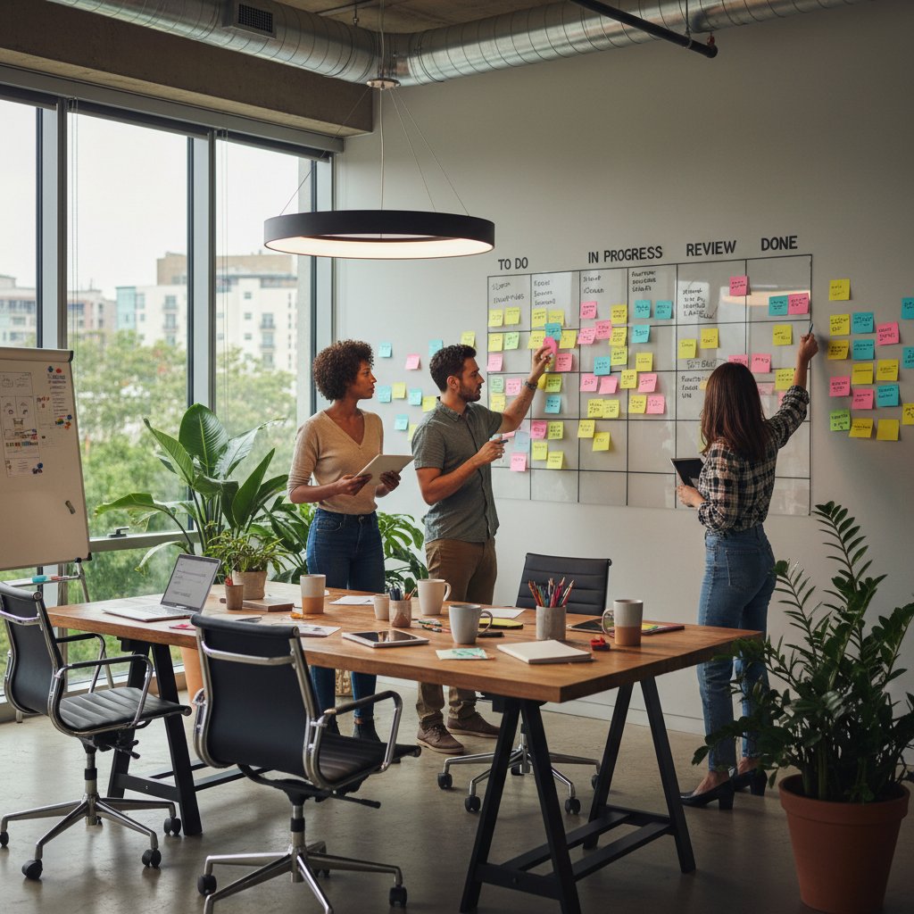 A creative team collaborating around a colorful Kanban board with sticky notes in a modern workspace