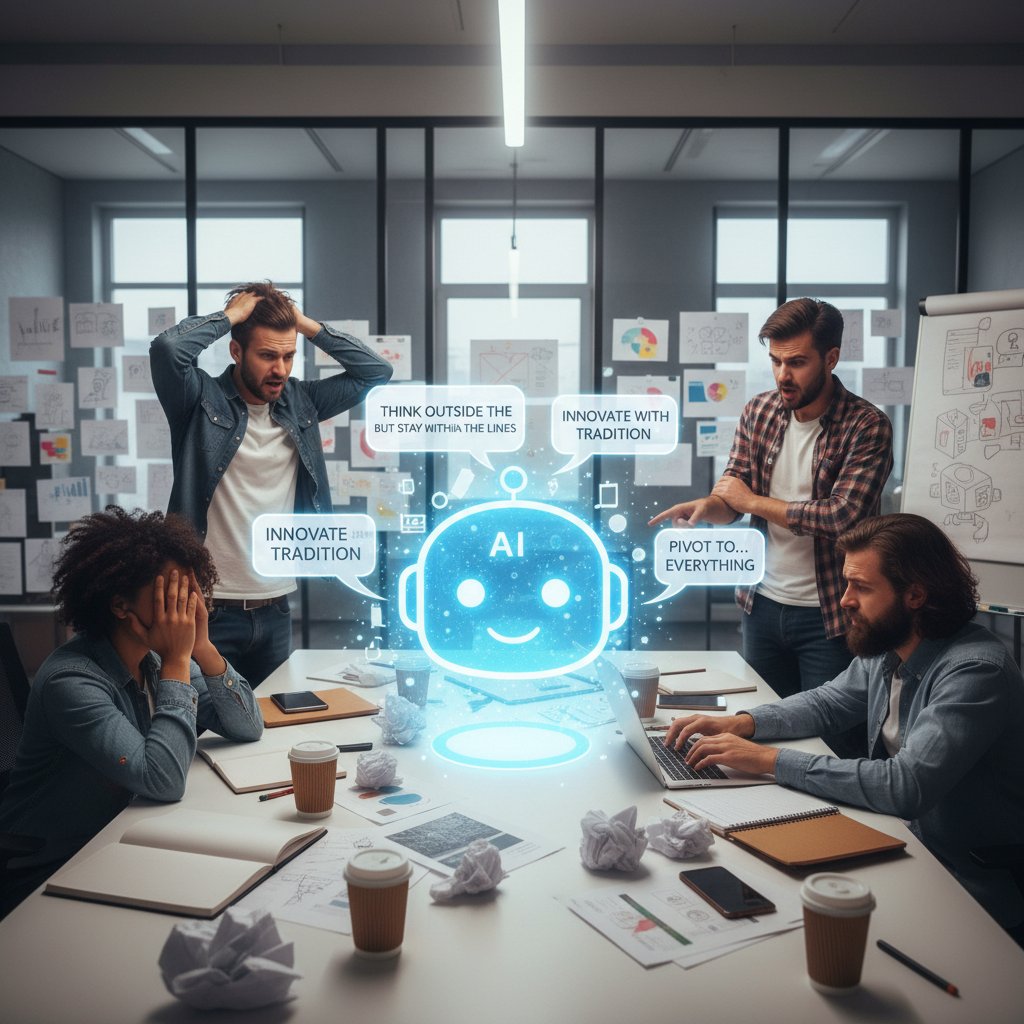 Diverse creative team in agency workspace showing signs of stress and burnout, ai chatbot interface on screen