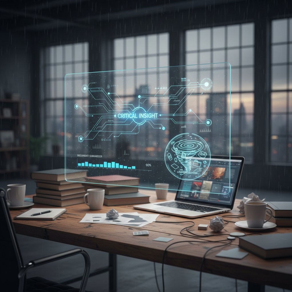 Cinematic photo of a professional staring at a glowing digital insight amid a chaotic pile of papers, visualizing the need for critical document summarizer