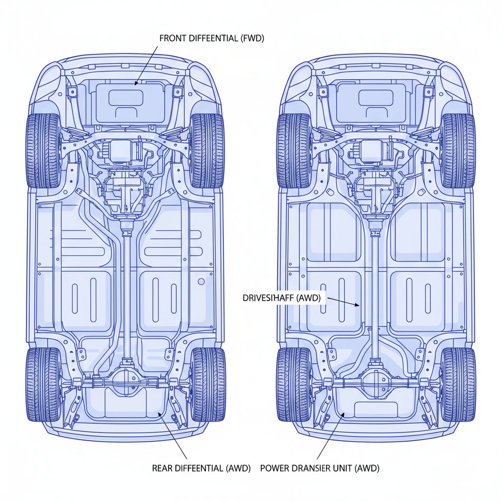 Technical illustration showing crossover SUV underbody and drivetrain differences, highlighting fuel economy challenges