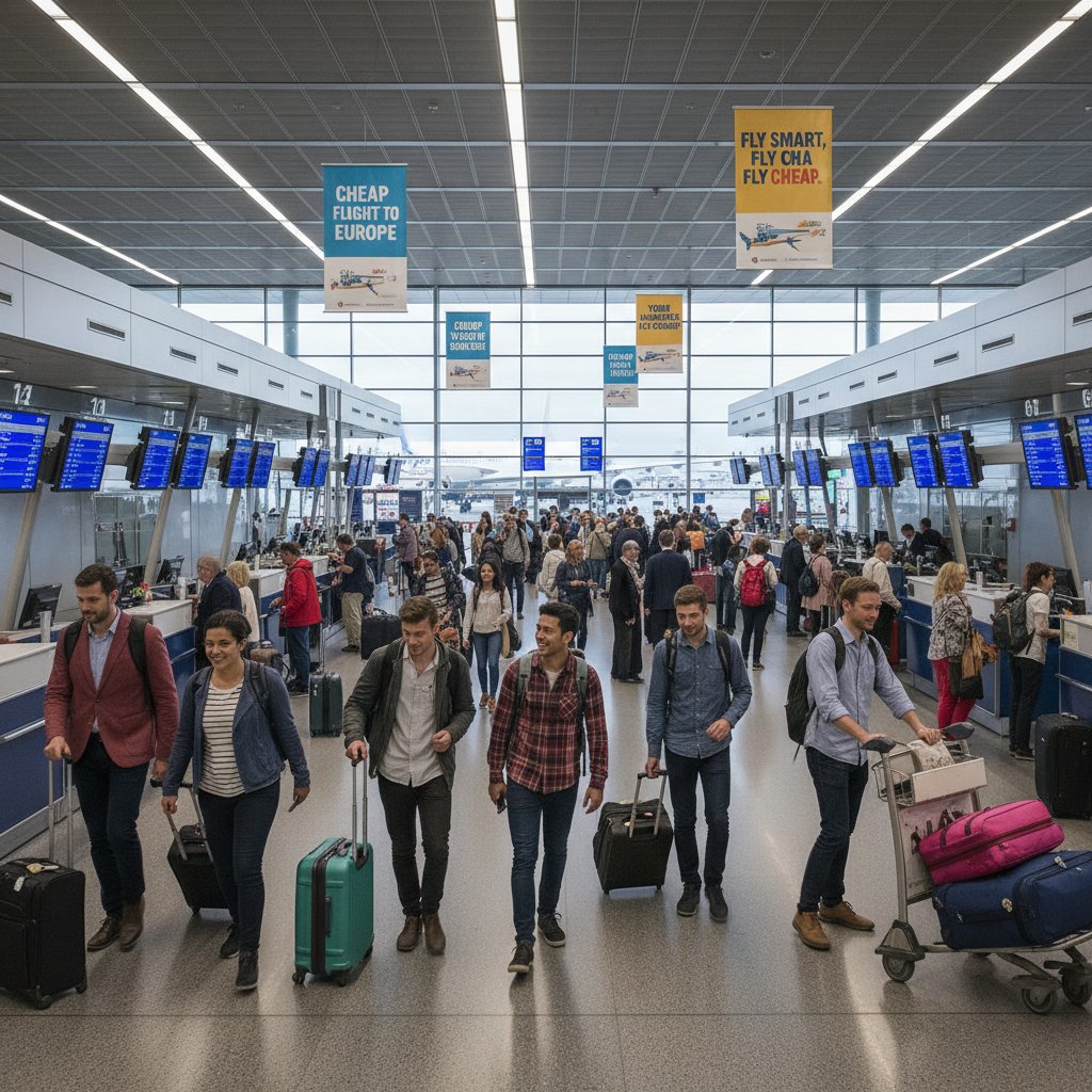 Crowded airport with diverse travelers, young and old, symbolizing the democratization brought by discounted flights