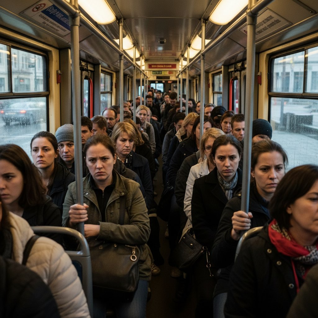 Tłok w komunikacji miejskiej po stresującym dniu z napiętymi twarzami ludzi, codzienny stres w Polsce
