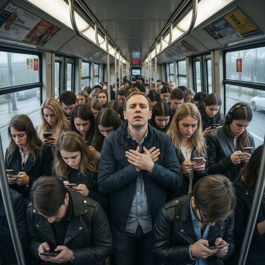 Osoba ignorująca objawy w tłumie – obrazek osoby w zatłoczonym tramwaju, trzymającej się za klatkę piersiową, podczas gdy inni patrzą w telefony