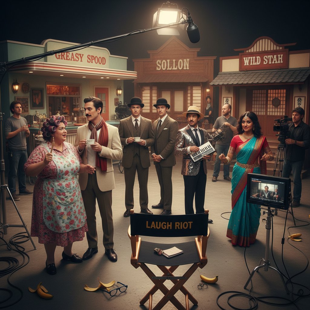 Actors in costumes representing different cultural comedy archetypes on a film set