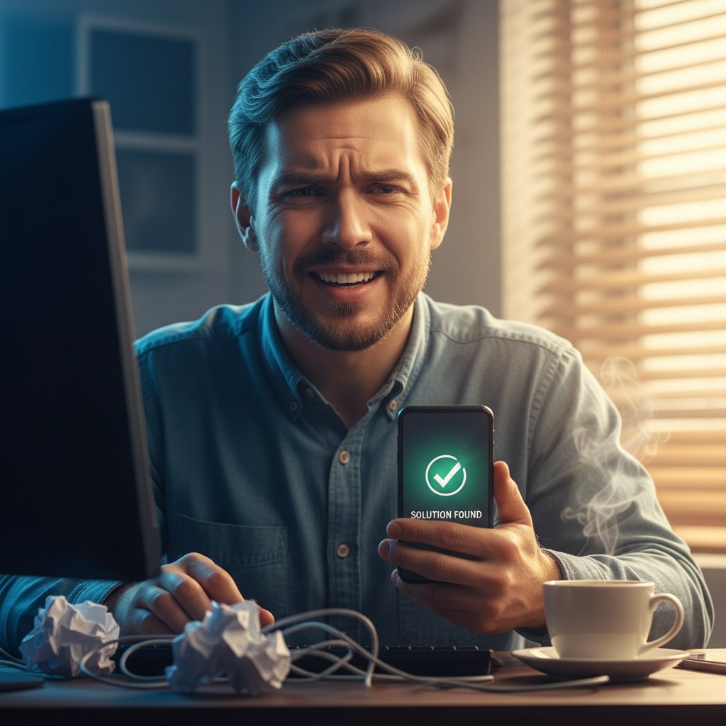 A customer’s face split between frustration and satisfaction, highlighting the stakes of customer support automation outcomes
