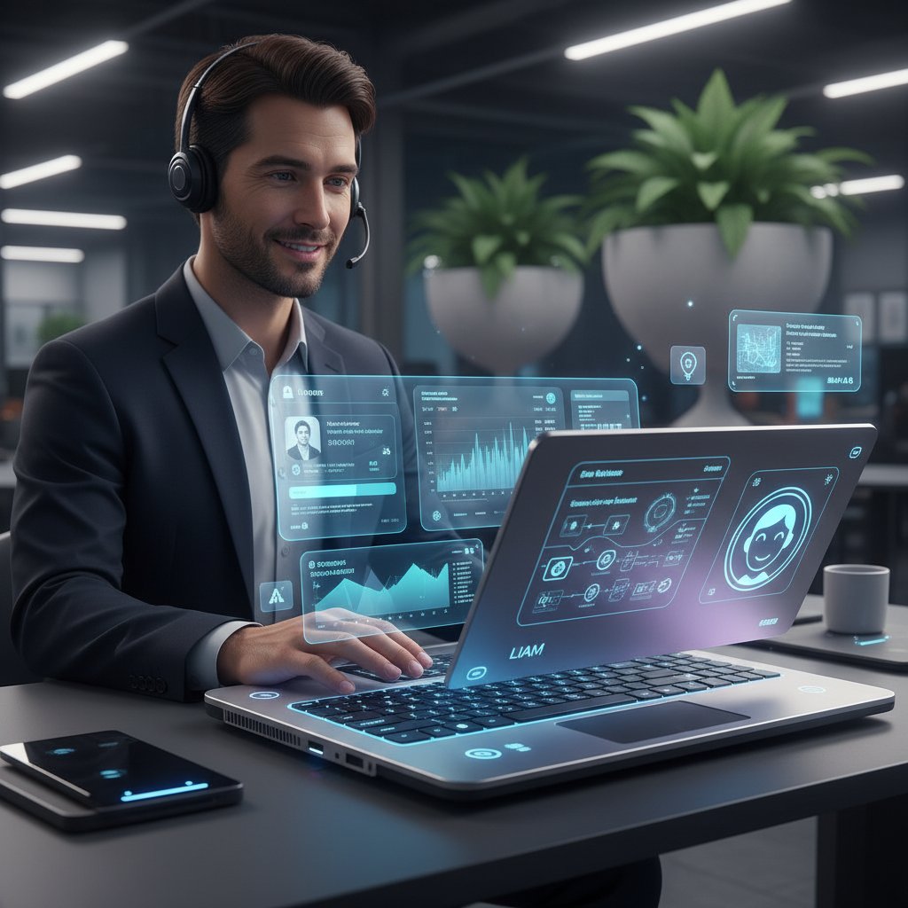 Pracownik obsługi klienta korzystający z AI i laptopa, symbolizujący połączenie automatyzacji i personalizacji