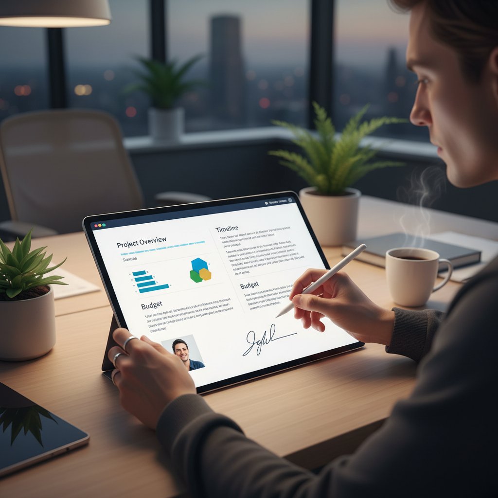 Close-up of hands customizing a digital proposal document with personal touches, modern office background