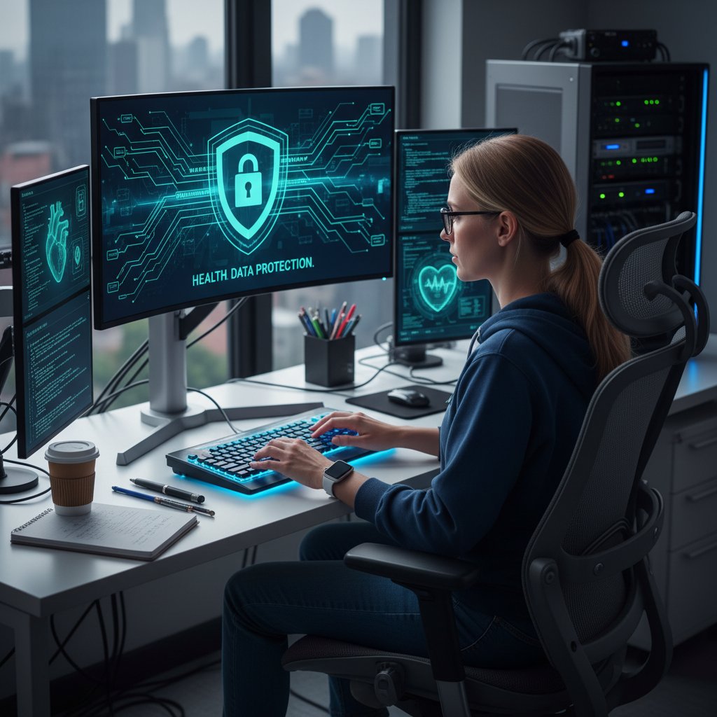 Ekspert ds. cyberbezpieczeństwa przy komputerze, ilustracja ochrony danych zdrowotnych online