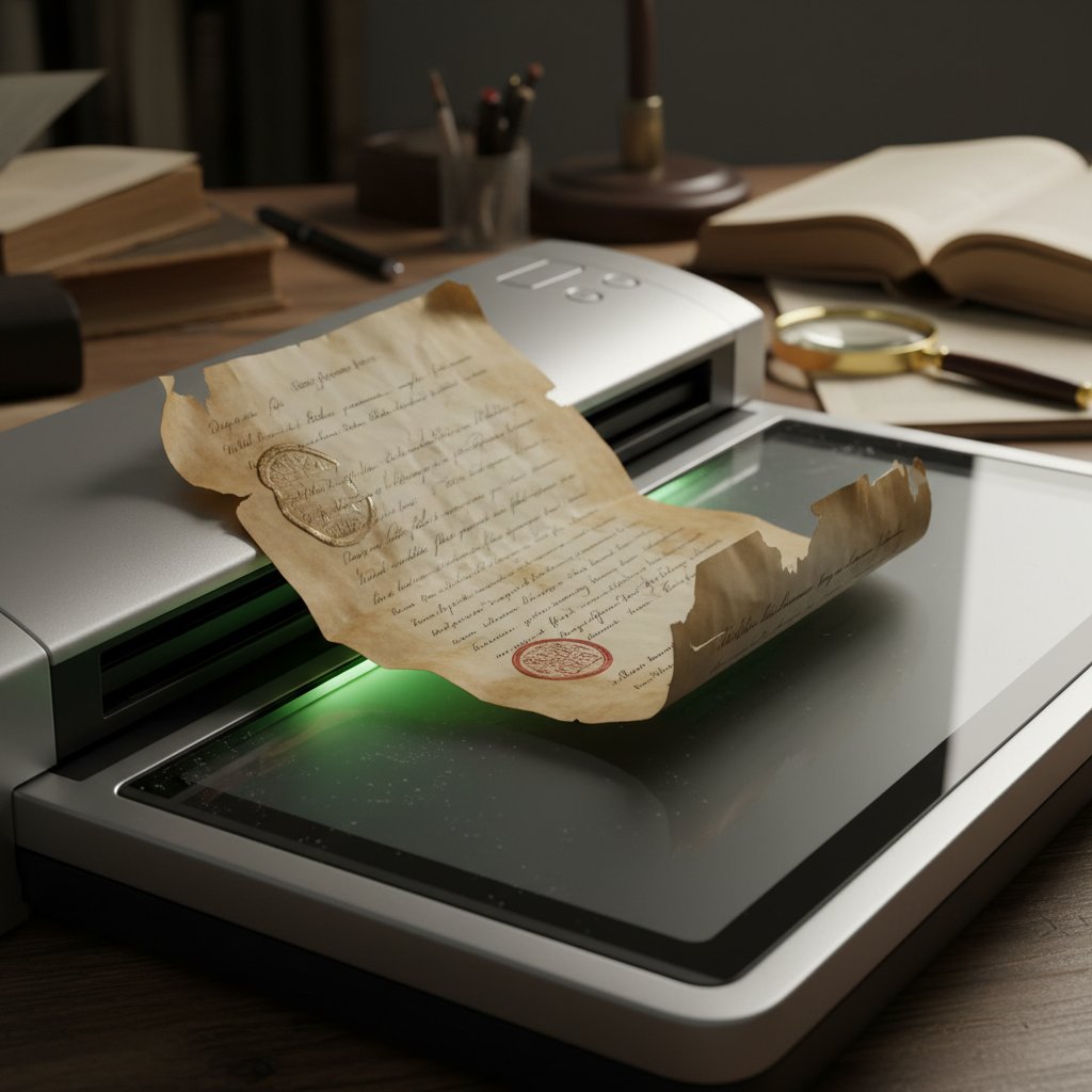A close-up of worn, damaged documents being fed into a scanner, illustrating real-world scanning challenges