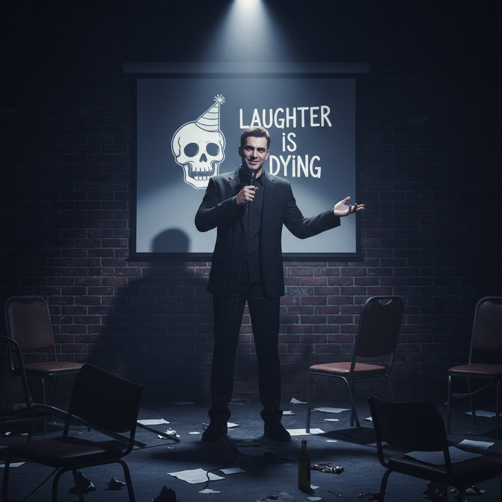 Stylized shot of a comedian on stage with dramatic lighting, representing dark comedy and movie all angles comedy keyword