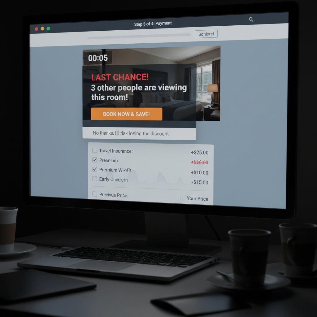 A close-up of a hotel booking website highlighting “only 1 room left” and hidden fees—keywords: dark patterns, hotel booking UX, deceptive design