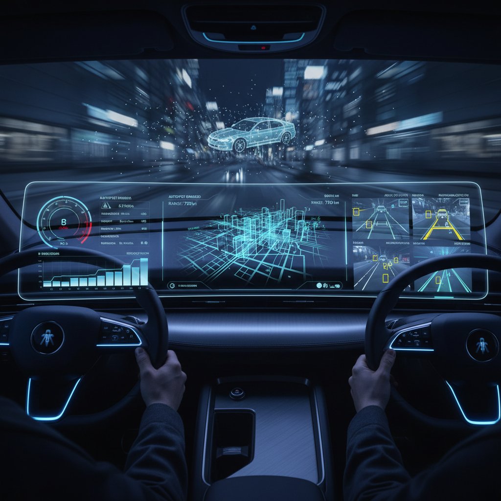 Close-up of dashboard display showing multiple sensor inputs, night setting, high-tech look