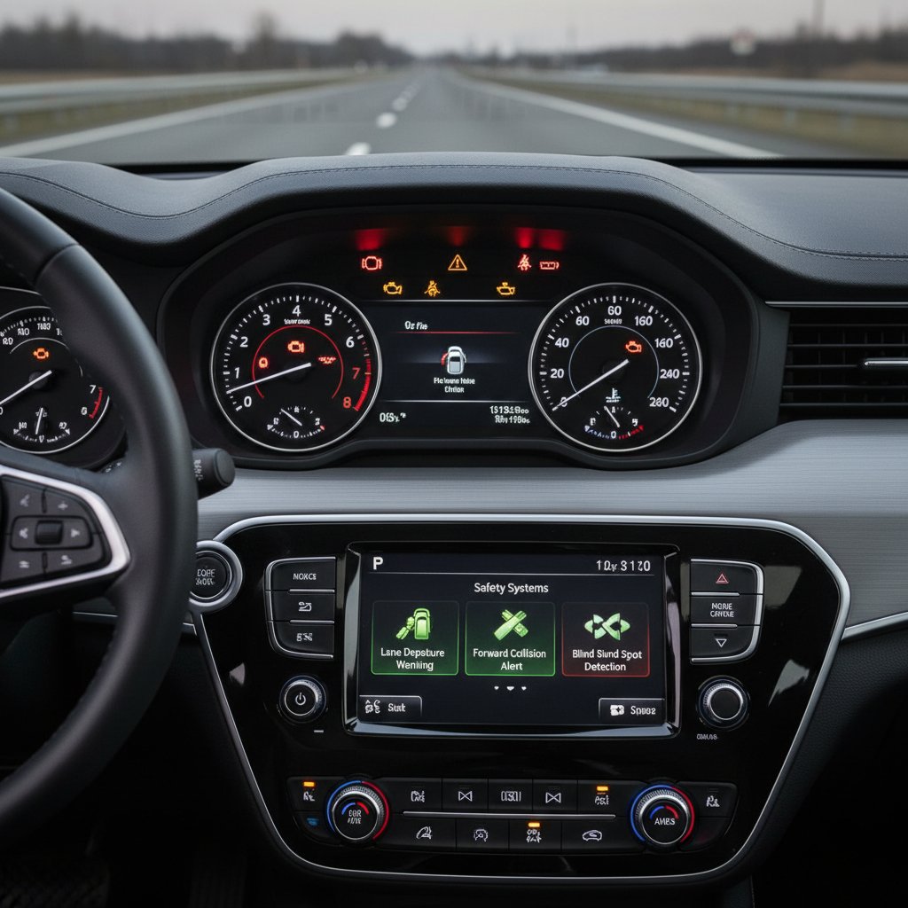 Close-up shot of dashboard warning lights and controls, car dashboard showing safety system indicators, keyword: advanced driver assistance systems, dashboard