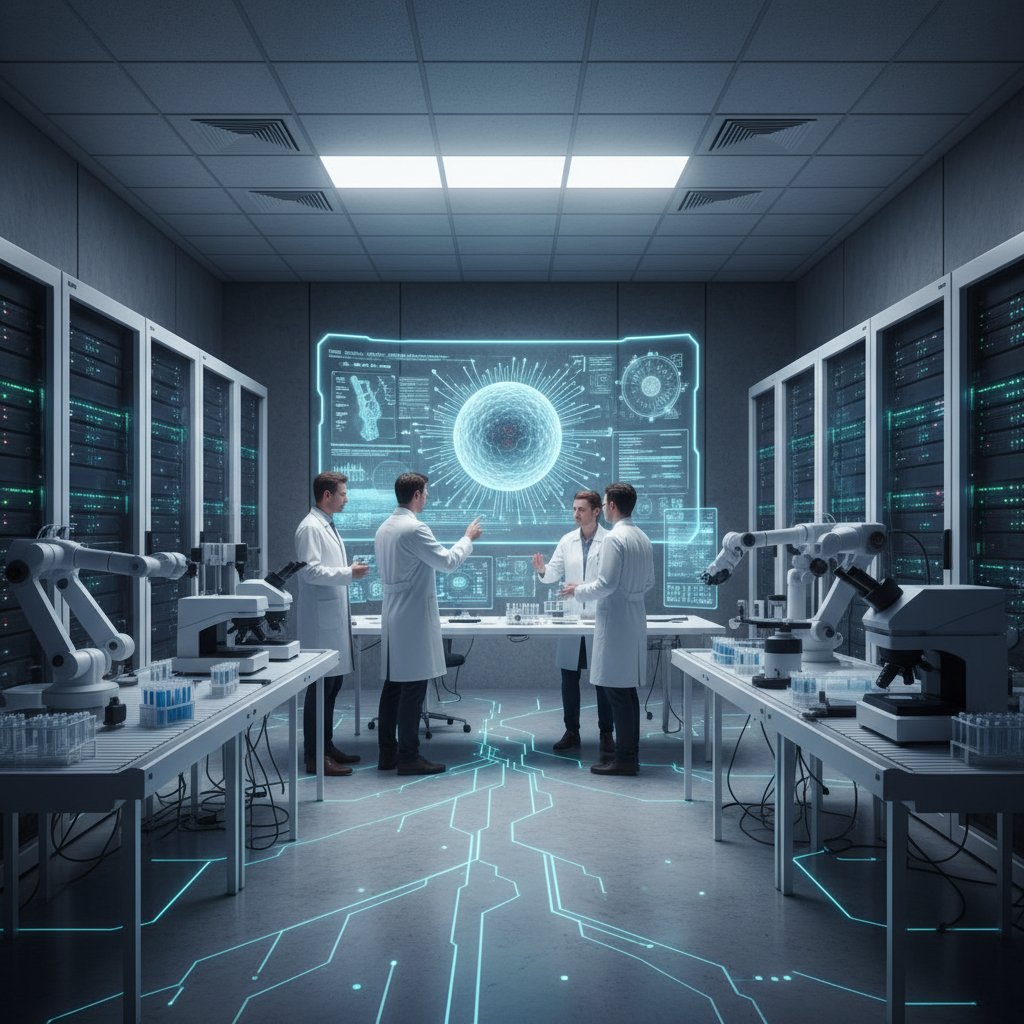 Zespół specjalistów analizujących dane biomedyczne na komputerach, nowoczesne laboratorium
