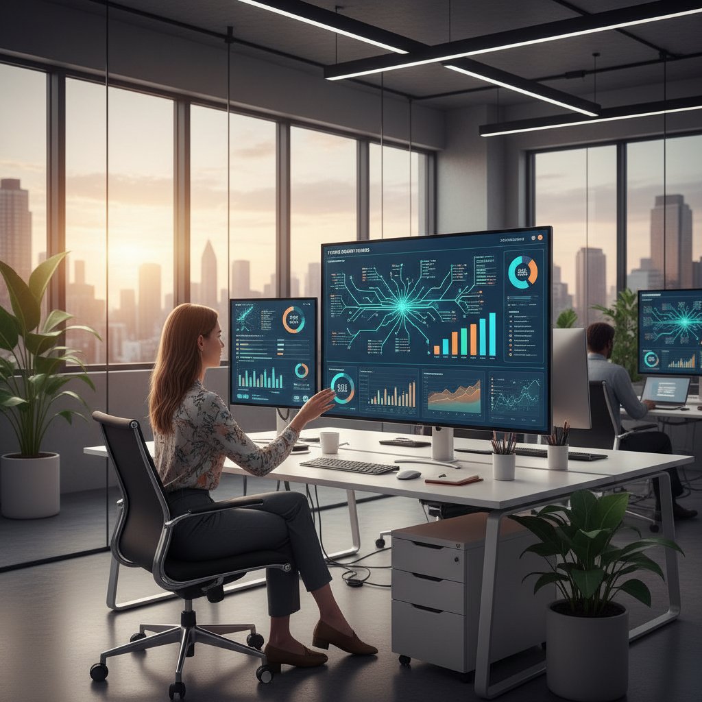 Ekspert analizujący dashboard z predykcyjnymi danymi sprzedażowymi w nowoczesnym biurze B2B
