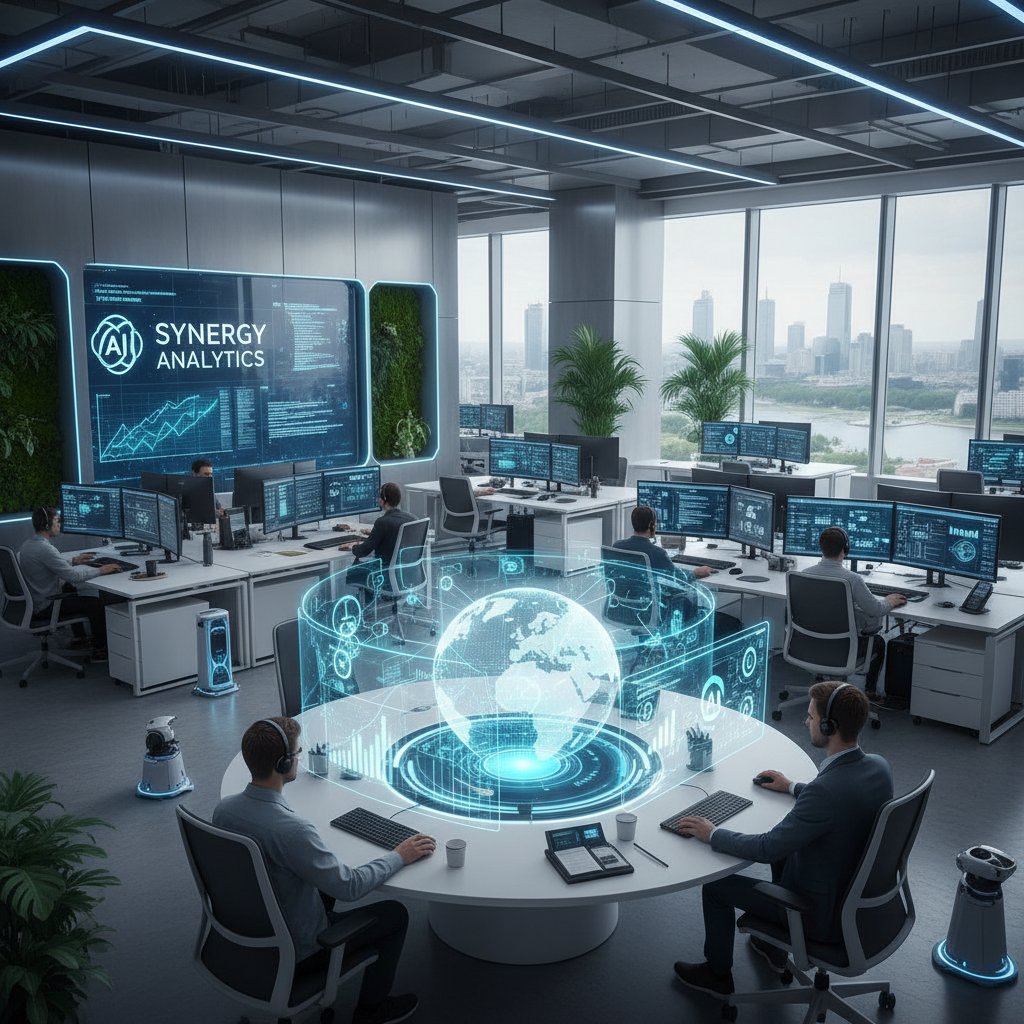 Zespół data science analizujący dane na monitorach, nowoczesne biuro, polskie realia