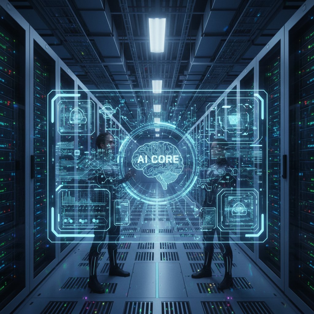 Nowoczesne centrum danych z interfejsem AI na ekranie, symbol technologii personalizacyjnych